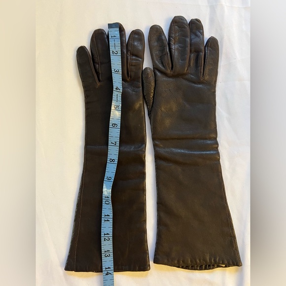 Vintage Cocoa Brown Italian leather Long forearm Orlon Lined ladies gloves 6 1/2 - Picture 10 of 13